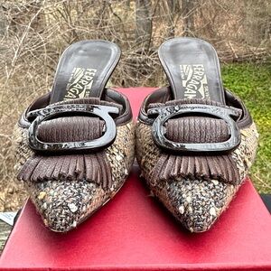 Salvatore Ferragamo Brown Tweed Pointed Toe Slide Mules